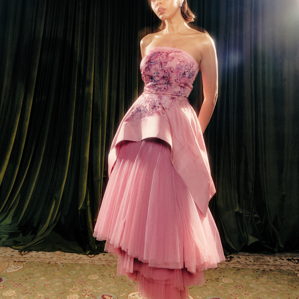 Hand-Painted Peplum Top with Layered Tulle Skirt | Vazaneh