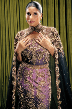 Close-up of pearl and zardozi embroidered high collar keyhole cape worn over a sweetheart corset blouse by Vazaneh