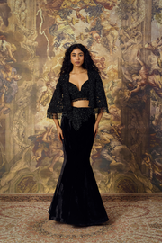 Black Cape, Bustier and Velvet Fish-Cut Skirt
