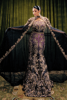 Embellished Mermaid Lehenga With Sheer Cape