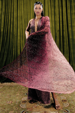 Embellished Concept Lace Saree With Plunge Neck Bodysuit