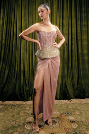 Crystal-embellished corset and metallic drape skirt set