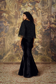 Black Cape, Bustier and Velvet Fish-Cut Skirt