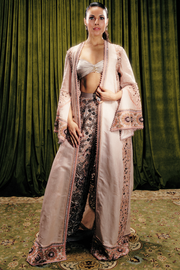 Embellished trousers, pleated bustier and embroidered cape set