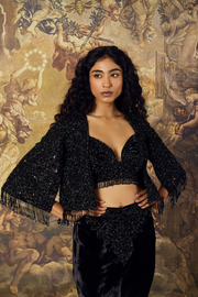Black Cape, Bustier and Velvet Fish-Cut Skirt