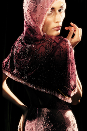 Crystal illusion gown with draped hood and gradient embellishments