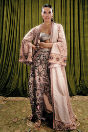 Embellished trousers, pleated bustier and embroidered cape set
