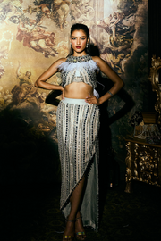 Silver Embellished Blouse With Asymmetrical Skirt