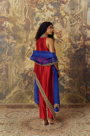 Maroon Halter-Neck Tunic With Capri Pants & Dupatta