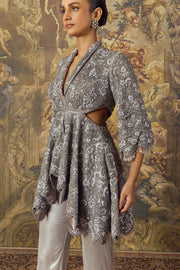 Silver Peplum Top With Pants Set