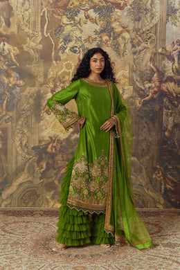 Green Zardozi Embroidered Kurta and Ruffled Pants Set