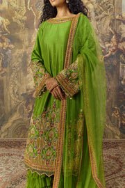 Green Zardozi Embroidered Kurta and Ruffled Pants Set