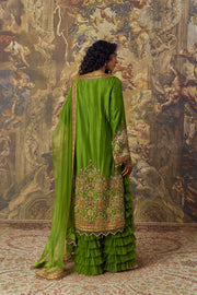 Green Zardozi Embroidered Kurta and Ruffled Pants Set