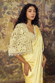 Butter Yellow Cutwork Blouse, Cape and Satin-Silk Stitched Saree