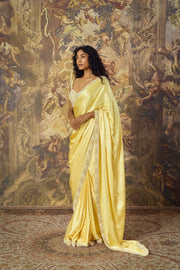 Butter Yellow Cutwork Blouse and Satin-Silk Stitched Saree