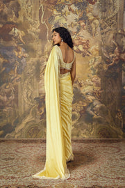 Butter Yellow Cutwork Blouse and Satin-Silk Stitched Saree