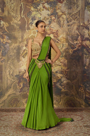 Gold Zardozi Blouse With Green Concept Saree