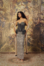 Black Corset With Embellished Dusty Champagne Skirt