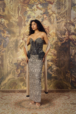 Black Corset With Embellished Dusty Champagne Skirt